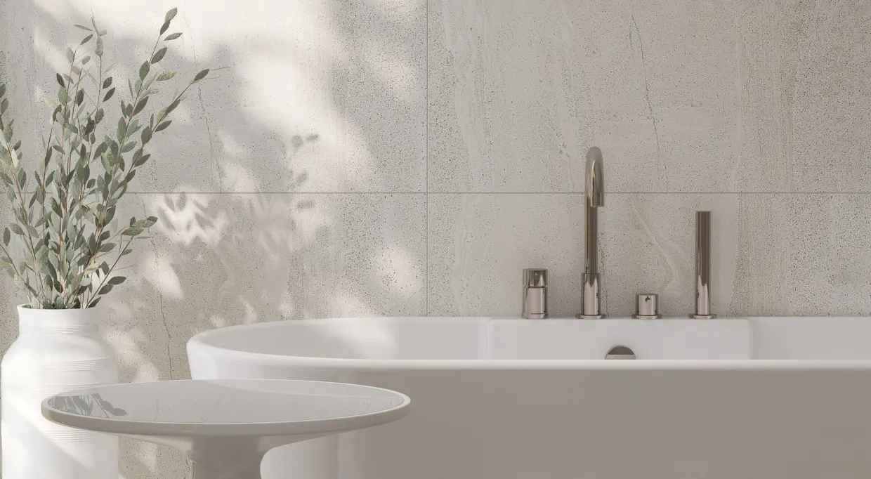 Freistehende Badewanne mit Armatur vor heller Fliesenwand