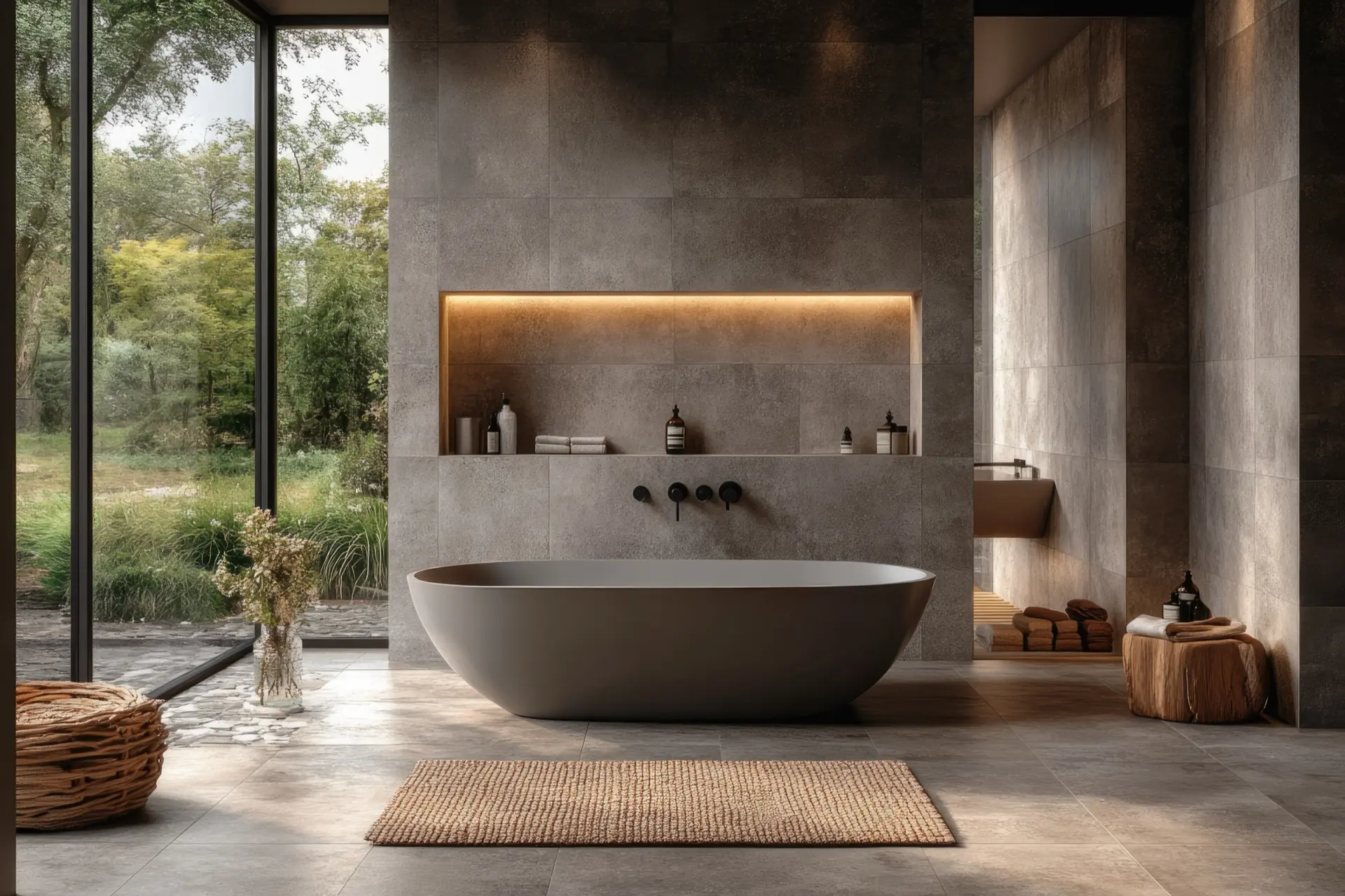 Hochwertig gefliestes Badezimmer mit freistehender Wanne und großformatigen Steinfliesen